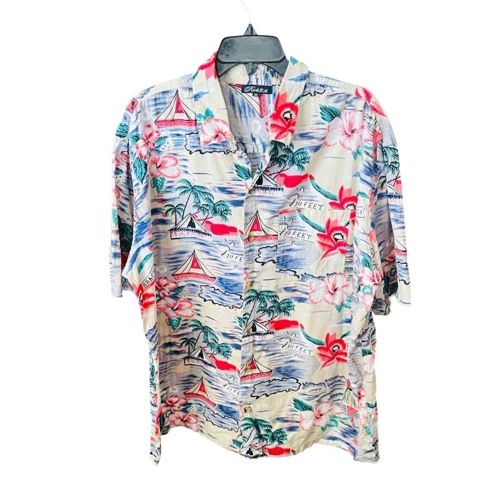 Rock L.A. mens short sleeve cotton button tropical Hawaiian shirt XXL beige pink